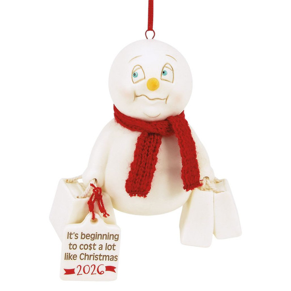 Snowpinions snowman ornament with red scarf holding shopping bags.
Creamy bisque porcelain ornament with tag reading “It’s beginning to cost a lot like Christmas 2026.”
Side and back views of Snowpinions shopping-themed ornament with red hanging ribbon.