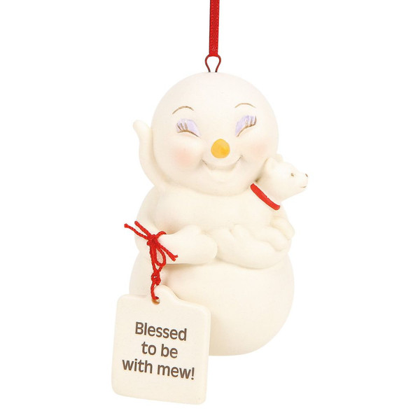 Snowpinions snowman ornament holding a white cat with a red collar and a "Blessed to be with mew!" sentiment tag.
Creamy bisque porcelain ornament with hand-painted details from the 2026 Snowpinions collection.
Front and side views of a whimsical hanging Christmas ornament for cat lovers.