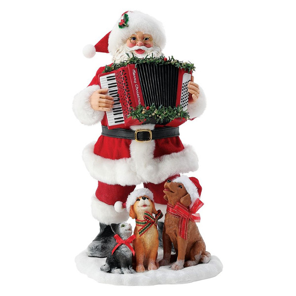 Department 56 Possible Dreams Sing Along Musical Santa figurine holding a red accordion with three pets at his feet.
Musical Santa collectible in red suit with greenery-trimmed accordion, snowy base, and festive pet details.
Possible Dreams Sing Along Musical figurine measuring 10.5 inches high with windup musical movement and Clothtique details.