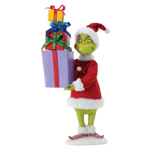 Department 56 Possible Dreams One of a Kind Grinch figurine holding a tall stack of colorful Christmas gifts.
Grinch collectible in red Santa coat and hat standing on snowy base with wrapped presents.
Possible Dreams One of a Kind Grinch figurine measuring 15 inches high with PVC, polyester, resin, and Clothtique materials.