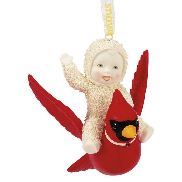 Snowbabies Fly Away With Me ornament featuring a Snowbaby riding a bright red cardinal.
Handcrafted porcelain Christmas ornament with hand-painted details and ruby red gemstone accents.
Snowbabies holiday ornament with textured bisque finish and hanging ribbon.