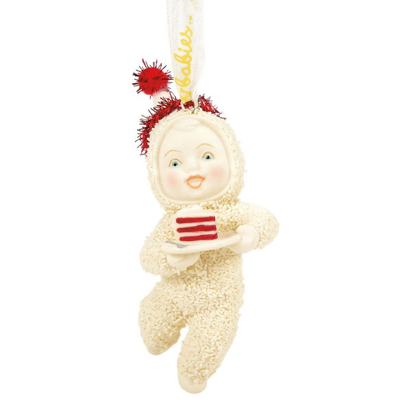 Snowbabies Sweet As Cake ornament featuring a Snowbaby holding a slice of red velvet cake.
Hand-crafted creamy bisque porcelain ornament with textured snowsuit, ruby red party hat, and hand-painted details.
Christmas tree ornament with ribbon hanger, festive anniversary design, and ivory porcelain finish.