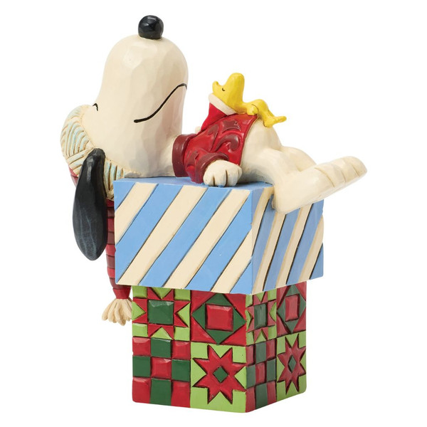 Jim Shore Dreaming of Christmas figurine featuring Snoopy and Woodstock sleeping atop wrapped holiday presents.
Hand-painted stone resin Peanuts collectible with colorful gift boxes and Jim Shore folk-art patterns.
Compact Peanuts Christmas figurine celebrating the warmth and joy of holiday gift giving.