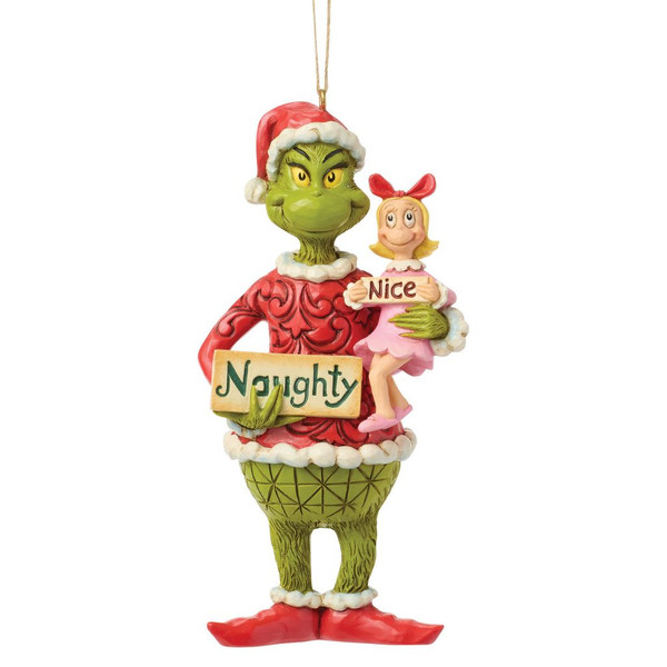 Front view of Jim Shore Grinch and Cindy Lou with Sign ornament holding Naughty and Nice signs, hand-painted stone resin.
Side and rear views showing detailed folk-art scrollwork on the Grinch's Santa coat and Cindy Lou Who figure.
Dr. Seuss Grinch Christmas ornament with hanging cord, measuring 5.12 inches tall.