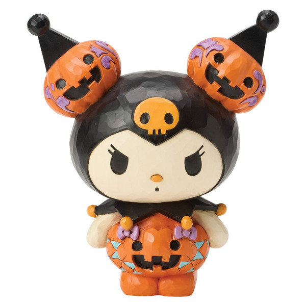 Jim Shore Kuromi figurine wearing a jack-o'-lantern pumpkin costume with pumpkin ear accents.
Hand-painted stone resin Kuromi Halloween collectible featuring orange, black, and purple folk-art details.
Sanrio Kuromi Halloween figurine with carved pumpkin costume and Jim Shore signature styling.