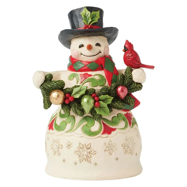Jim Shore Finishing Touches snowman figurine holding an evergreen garland with a red cardinal.

Hand-painted stone resin Heartwood Creek collectible with holly-trimmed top hat, rosemaling, and snowflake details.

Christmas snowman figurine measuring approximately 8.75 inches tall.