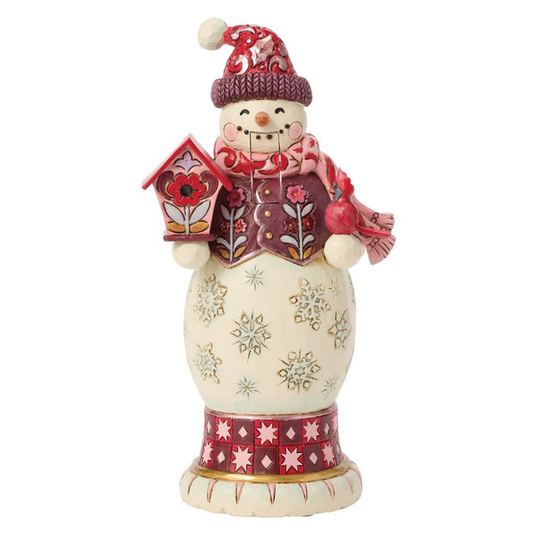 Jim Shore Holiday Harmony snowman nutcracker holding a pink birdhouse with a red cardinal perched on its arm.
Hand-painted stone resin snowman figurine with movable mouth lever, pink scarf, and folk-art floral vest.
Heartwood Creek decorative snowman nutcracker featuring embossed snowflakes and winter-inspired detailing.