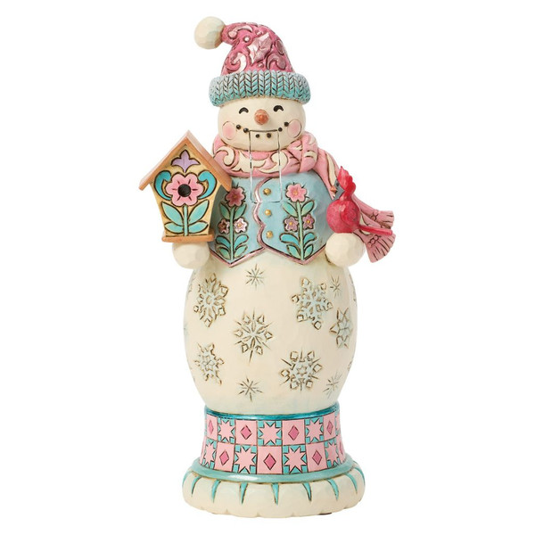 Jim Shore Cool Friends pastel snowman nutcracker holding a decorative birdhouse with a red cardinal perched beside it.
Hand-painted stone resin snowman figurine with movable mouth lever, pastel blue vest, pink hat, and embroidered folk-art details.
Heartwood Creek decorative snowman nutcracker featuring embossed snowflakes, pastel winter colors, and floral accents.
