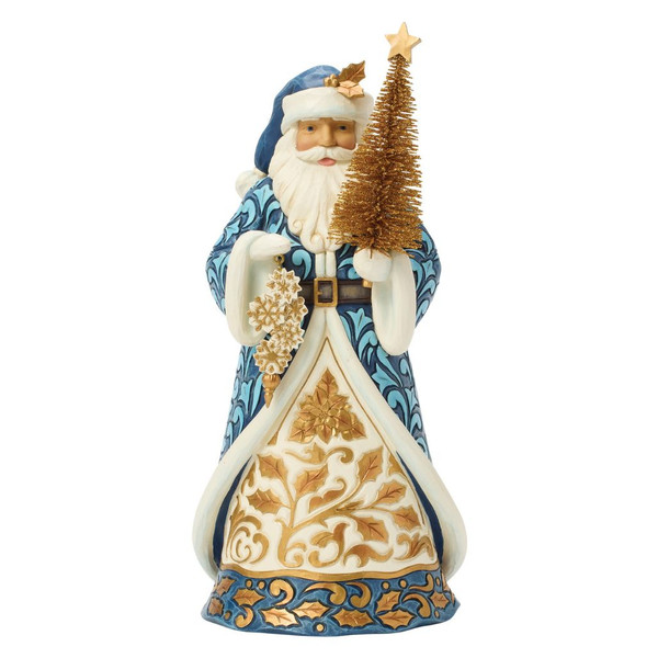 Jim Shore Holiday Elegance Santa figurine wearing blue and gold robes while holding a sisal Christmas tree.
Hand-painted stone resin Santa with glittering gold tree, snowflake ornament, and Heartwood Creek folk-art details.
Elegant Christmas collectible featuring blue robes, gold accents, and natural sisal tree.