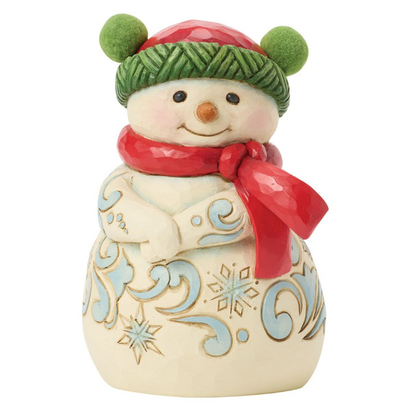 Jim Shore snowman figurine wearing a red pom-pom hat with green trim and a bright red scarf.
Hand-painted stone resin snowman featuring blue rosemaling, snowflake accents, and folk-art styling.
Heartwood Creek Cozy Winter Cheer snowman collectible with smiling face and winter-inspired decorative details.