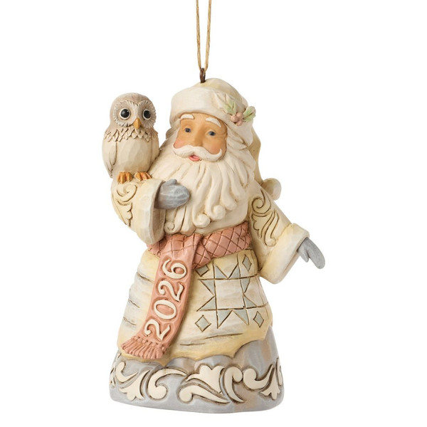Jim Shore Woodland Date 2026 Santa Ornament featuring Santa holding a snowy owl.
Hand-painted stone resin White Woodland ornament with quilt-inspired folk-art patterns and a 2026 scarf.
Woodland Santa Christmas ornament with attached hanging cord and natural neutral color palette.