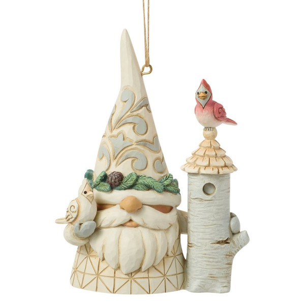 Jim Shore Woodland Gnome with Birdhouse Ornament featuring a birch birdhouse and bright red cardinals.
Hand-painted stone resin White Woodland ornament with folk-art rosemaling and quilt-inspired textures.
Christmas gnome ornament with woodland birds, hanging cord, and Heartwood Creek detailing.