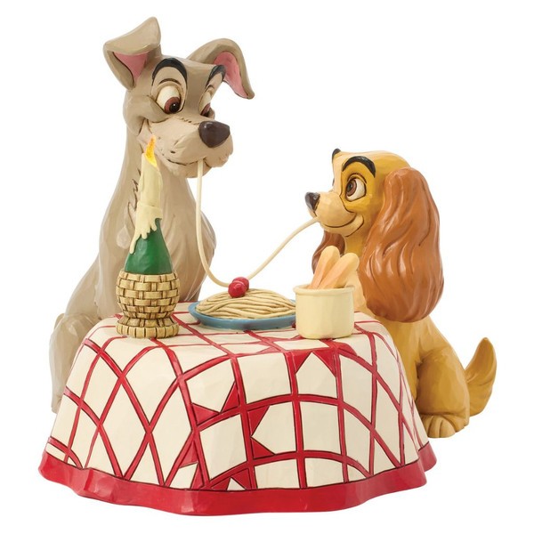 Jim Shore Disney Traditions Lady and the Tramp Dinner for Two figurine with the iconic spaghetti dinner scene and illuminated LED candle.

Hand-painted stone resin figurine of Lady and Tramp sharing spaghetti at a red-and-white checkered table with battery-operated LED candle.

Disney Traditions Dinner for Two collectible featuring Lady and the Tramp in their famous romantic dinner scene with folk-art styling.