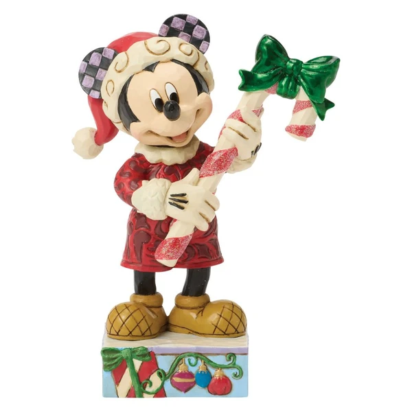 Alt 1: Jim Shore Disney Traditions Peppermint Magic figurine featuring Mickey Mouse holding a large candy cane with a green bow.

Alt 2: Hand-painted stone resin Mickey Mouse Christmas collectible wearing a Santa hat and festive red holiday coat.

Alt 3: Disney Traditions Peppermint Magic figurine with Mickey Mouse holding an oversized candy cane decorated for Christmas.
