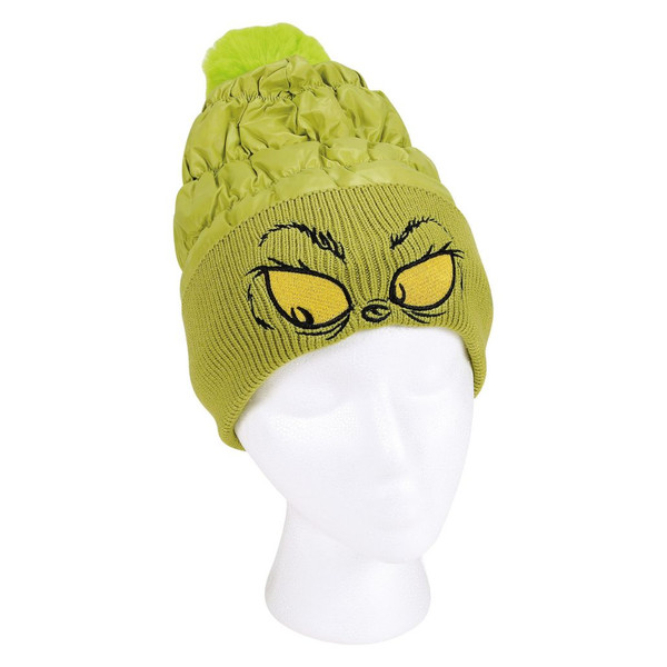 Green Snowpinions Grinch puffer hat with embroidered Grinch eyes and fluffy pom-pom.
Weather-resistant quilted winter hat made from nylon and polyester.
One-size-fits-most adult Grinch holiday hat for festive cold-weather wear.