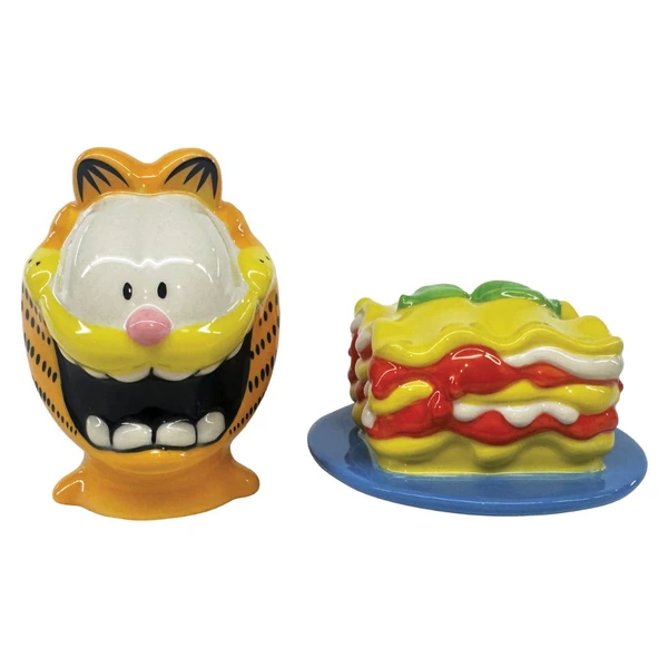 Garfield ceramic salt and pepper shaker set with Garfield's smiling face and lasagna shaker.
Hand-painted dolomite Garfield collectible featuring a lasagna-themed salt and pepper set.
Whimsical Garfield kitchen accessory with colorful ceramic Garfield head and lasagna design.