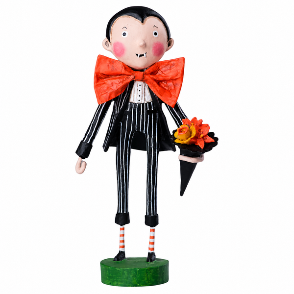 Whimsical Date Night Dracula figurine wearing a black pinstripe suit with an oversized red bow tie.
6.5-inch poly resin Halloween character holding a colorful bouquet of flowers.
Playful vampire tabletop decoration displayed on a green base.
