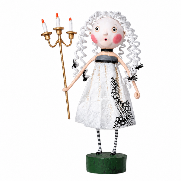 Whimsical Guiding Light Halloween figurine wearing a flowing white dress with black lace-inspired accents.
7-inch poly resin character holding a decorative gold three-candle candelabra.
Elegant Halloween tabletop decoration displayed on a green base