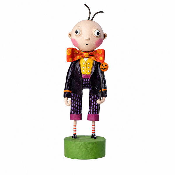 Whimsical Igor Halloween figurine wearing a colorful vintage-inspired outfit with an oversized orange bow tie.
5.75-inch poly resin character holding a decorative pumpkin-topped staff.
Playful Halloween tabletop decoration displayed on a green base.
