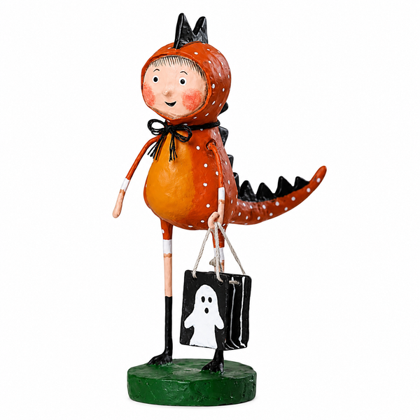 Whimsical Dinky Dinosaur Halloween figurine wearing an orange dinosaur costume with black spikes.
6-inch poly resin character holding a black ghost-themed trick-or-treat bag.
Playful Halloween tabletop decoration displayed on a green base.