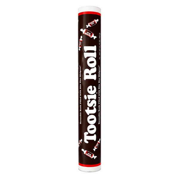 24-inch Mega Candy Tube filled with individually wrapped Tootsie Rolls.
Tall reusable Tootsie Roll candy tube with classic brown and red branding.
Oversized 20.25 oz Tootsie Roll candy tube that doubles as a reusable coin bank.