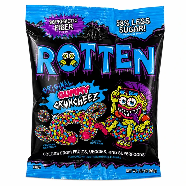 Rotten Original Gummy Cruncheez candy in a black and blue 1.8 oz retail bag.
Crunchy candy-coated gummies with a soft chewy center in colorful packaging.
Monster-themed gummy candy highlighting 58% less sugar and 9g prebiotic fiber.