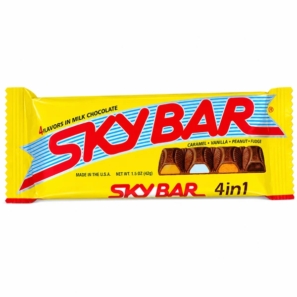 Sky Bar 4-in-1 milk chocolate candy bar in a yellow wrapper.
Classic chocolate bar featuring peanut, fudge, vanilla, and caramel fillings.
Individually wrapped 1.5 oz nostalgic Sky Bar made in the USA.