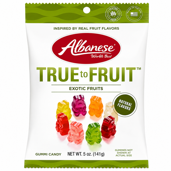 Albanese True to Fruit Exotic Fruits Gummi Bears 5 oz bag with assorted colorful gummy bears.
Front of Albanese Exotic Fruits gummy candy package featuring natural flavors and fruit-inspired gummies.
Albanese 5 oz True to Fruit Exotic Fruits gummy bears made in the USA.