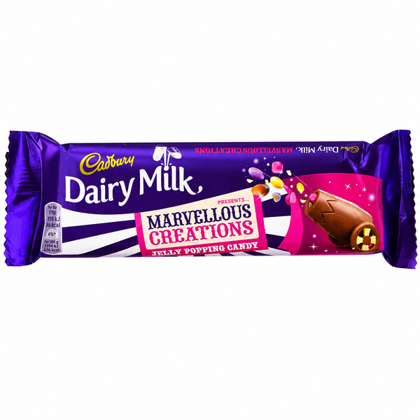 Cadbury Dairy Milk Marvellous Creations chocolate bar in a purple 47 g wrapper.
UK milk chocolate bar with fruit jellies, popping candy, and crispy cocoa candies.
Cadbury Marvellous Creations imported chocolate made in the United Kingdom.