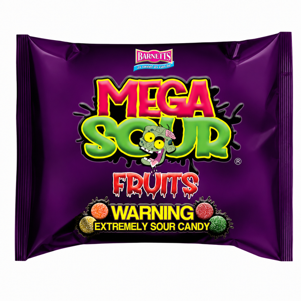 Barnetts Mega Sour Fruits candy in a purple retail bag with colorful logo.
Package features "Warning: Extremely Sour Candy" and fruit candy illustrations.
Vegetarian, gluten-free, halal, and soy-free sour fruit candy.
