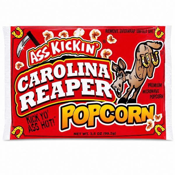 Ass Kickin' Carolina Reaper Microwave Popcorn package featuring fiery red branding and spicy popcorn graphics.
Bowl of popcorn seasoned with Carolina Reaper pepper spice for extreme heat.
Ass Kickin' Carolina Reaper microwave popcorn made in the USA with savory garlic and Carolina Reaper seasoning.