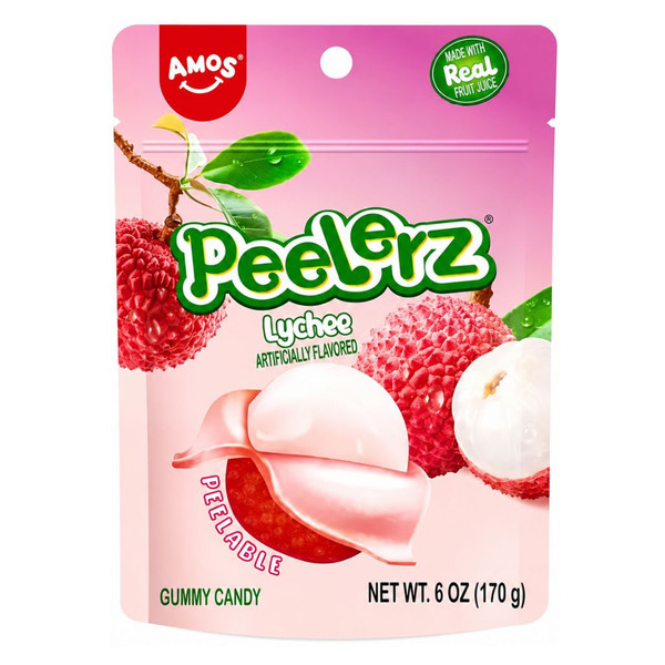 Amos Peelerz Lychee peelable gummy candy in a 6 oz resealable bag.
Peelable lychee-flavored gummies made with real fruit juice.
Interactive gummy candy with a soft outer layer and juicy center.