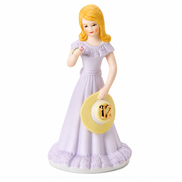 Front view of Growing Up Girls Blonde Age 12 porcelain bisque figurine in a lavender dress holding a pink rose and a sunhat with a golden number 12.
Blonde birthday figurine wearing a lavender dress with floral details and carrying a decorative sunhat.
5.75-inch porcelain bisque Growing Up Girls Age 12 collectible birthday figurine.