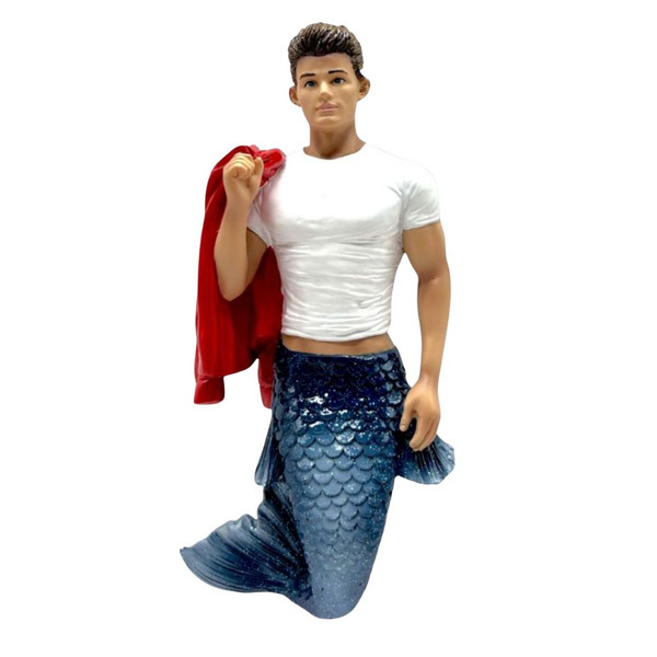 December Diamonds Rebel Merman resin ornament wearing a fitted white T-shirt with a red jacket over one shoulder.
6.5-inch collectible merman ornament featuring a shimmering blue mermaid tail and retro-inspired styling.
Resin Christmas ornament with classic vintage-inspired details and a blue glittered mermaid tail.