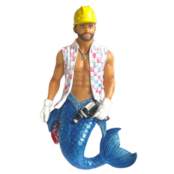 December Diamonds Power Tool Merman resin ornament wearing a yellow hard hat and holding a power drill.
6.5-inch collectible Christmas ornament featuring work gloves, construction-inspired details, and a shimmering blue mermaid tail.
Whimsical resin merman ornament with a builder theme, detailed tools, and coastal-inspired styling.