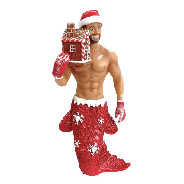 December Diamonds Gingerbread Santa Merman resin ornament wearing a Santa hat and mittens while carrying a gingerbread house.
6.5-inch collectible Christmas ornament featuring a glittering red mermaid tail with white snowflake accents.
Festive resin merman ornament combining Santa-inspired details with a decorative gingerbread house.