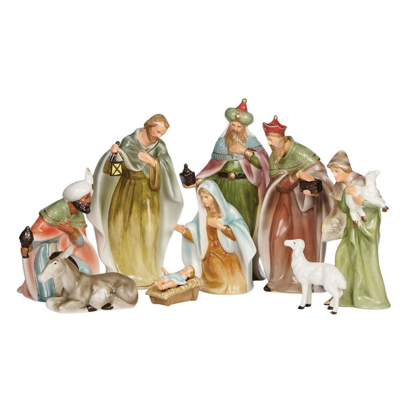 Nine-piece polymer Nativity set with Mary, Joseph, baby Jesus, Three Wise Men, shepherd, sheep, and donkey.

Traditional 8.25-inch Nativity set with softly colored standing and kneeling figures gathered around baby Jesus.

Christmas Nativity figurine set featuring the Holy Family, Wise Men, shepherd, lamb, and resting donkey.