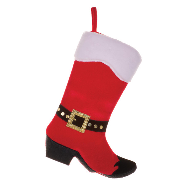 Red cowboy boot Christmas stocking with white cuff, black toe and heel, belt, and gold-tone buckle.

18-inch polyester Christmas stocking shaped like a red Western cowboy boot with decorative belt details.

Cowboy boot stocking with red hanging loop, white plush-look cuff, black accents, and square gold-tone buckle.