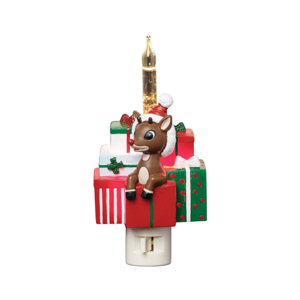 Rudolph Gifts bubble night light with Rudolph seated among red, green, and white wrapped Christmas presents.

6.5-inch resin Rudolph Christmas night light with stacked gifts and tall bubble-style light.

Plug-in Rudolph night light featuring a Santa hat, red nose, colorful presents, glittery bows, and bubble light.