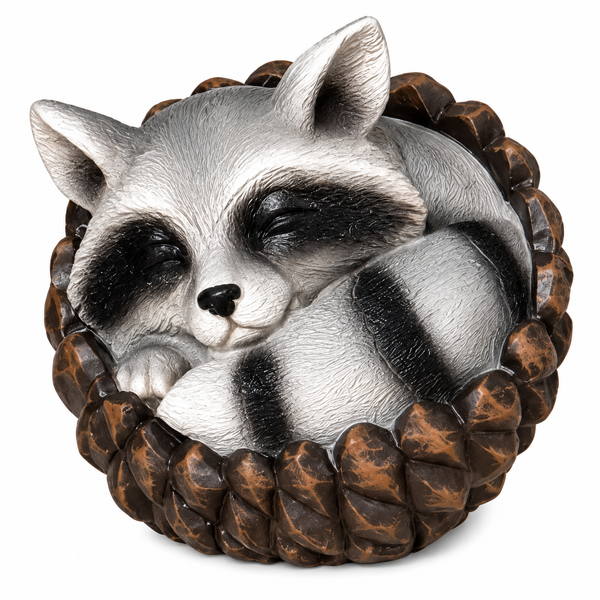 Harvest forest raccoon figurine curled in a resting pose inside a dark brown textured base.

3.1-inch resin raccoon figurine with gray fur, black facial mask, closed eyes, and striped tail.

Small woodland raccoon figurine sleeping with its striped tail curled around its body.

2796470