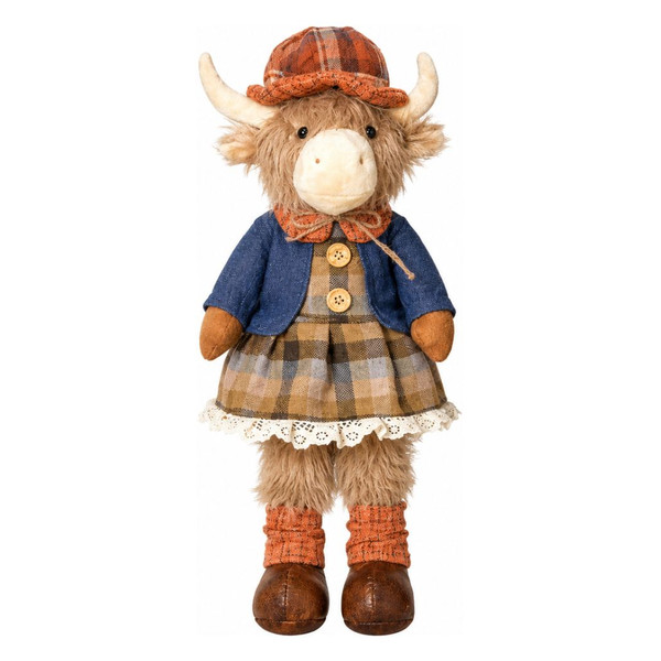 Plush Bonnie Highland cow harvest sitter with shaggy tan fur, horns, plaid dress, blue jacket, and plaid hat.

19-inch plush Highland cow sitter wearing layered plaid and blue harvest clothing with dangling legs.

Bonnie Highland cow harvest sitter displayed on a wooden shelf with plaid clothing, orange accents, horns, and brown shoes.

2863440
