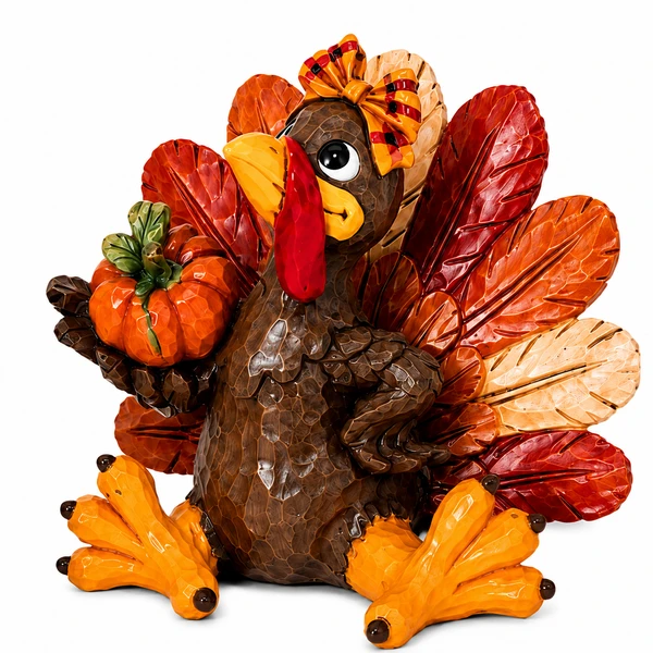 Harvest turkey figurine holding an orange pumpkin and wearing an oversized orange bow.

6-inch resin Thanksgiving turkey with colorful red, orange, tan, and brown tail feathers.

Colorful harvest turkey figurine with pumpkin, red wattle, yellow feet, orange bow, and layered autumn tail feathers.

2865130
