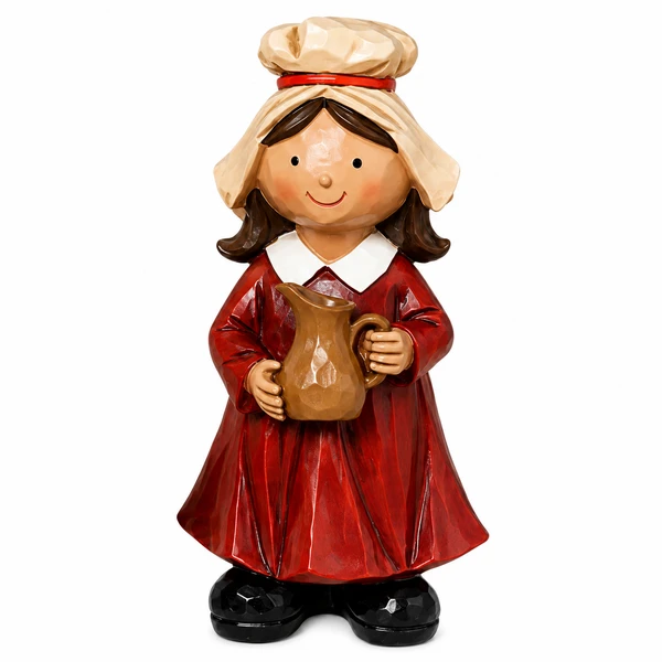 Pilgrim girl figurine wearing a red dress and cream-colored bonnet while holding a brown pitcher.

6.3-inch resin pilgrim girl with white collar, black shoes, red dress, and bonnet with red band.

Thanksgiving pilgrim girl figurine holding a pitcher and dressed in a red dress with a cream-colored bonnet.

2851480