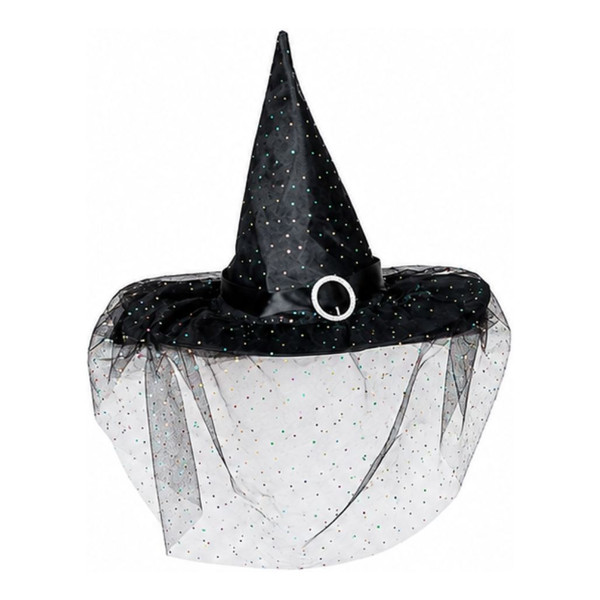 Black witch hat with pointed crown, buckle, sparkling accents, and sheer veil.

Black fabric witch hat with a wide 17-inch diameter brim.

Halloween witch hat featuring black fabric, glittering dots, silver-tone buckle, and sheer draping.