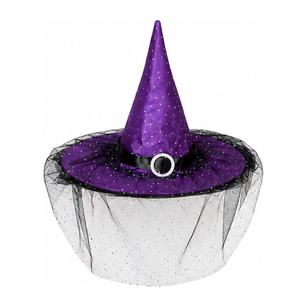 Purple witch hat with pointed crown, black band, buckle, sparkling accents, and sheer veil.

Purple fabric witch hat with a wide 17-inch diameter brim and black trim.

Halloween witch hat featuring purple fabric, sparkling dots, round buckle detail, and sheer black veil.

2791550