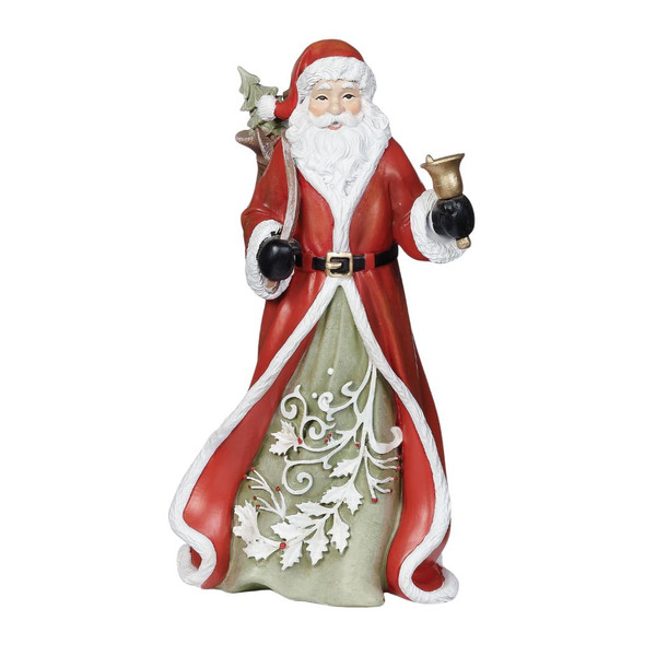 10-inch Santa Christmas figurine wearing a long red coat over a green robe with a decorative white leaf pattern.

Resin Santa figurine carrying a sack and holding a gold-colored bell, with red, white, and muted green detailing.

Santa tabletop decoration with white beard, red coat, green leaf-patterned robe, black gloves, and gift sack.