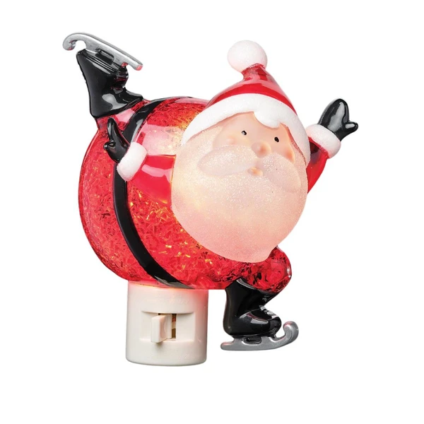 Santa skating plug-in night light with illuminated red suit, black ice skates, mittens, and white beard.

5-inch resin Christmas night light featuring Santa balancing playfully on silver-bladed ice skates.

Plug-in Santa night light with glowing red body, white-trimmed hat, black boots, belt, and raised arms.