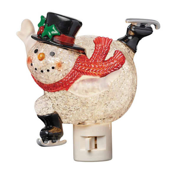 Snowman skating plug-in night light with illuminated textured body, red scarf, black top hat, and ice skates.

5-inch resin snowman night light posed on black ice skates with a red scarf and holly-decorated top hat.

Plug-in Christmas snowman night light with translucent lighted body, carrot nose, red scarf, and silver-bladed skates.