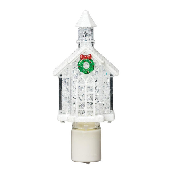 LED white church plug-in night light with snowy roof, tall steeple, arched window, and Christmas wreath.

6.5-inch resin church night light with clear textured walls, white snow accents, and green wreath with red bow.

Plug-in Christmas church night light featuring a crystalline-style exterior, snow-covered roof, steeple, and festive wreath.