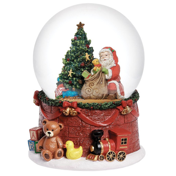 5.75-inch musical Santa snow globe with Christmas tree, gift sack, and colorful presents.

100 mm Santa and gifts snow globe on a resin base decorated with toys, garland, bows, and bells.

Wind-up musical Santa snow globe with teddy bear, toy train, blocks, and Christmas tree scene.